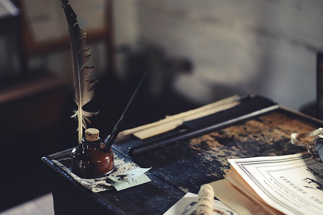 desk, ink, feather