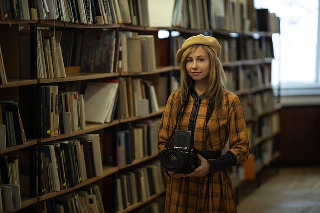 woman, photographer, library